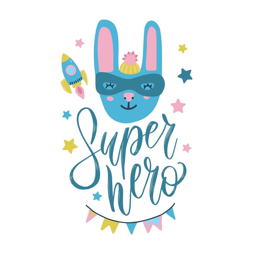 super héros lapin mignon bébé imprimé. doux visage de rabbin avec costume amusant, masque et cape parmi les étoiles et la fusée. vecteur d'enfant de mode. illustration scandinave cool pour t-shirt, vêtements pour enfants, invitation