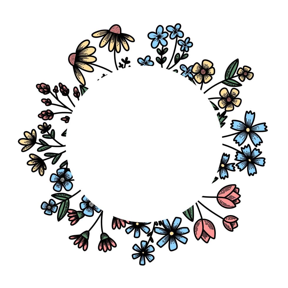 fleurs de cadre vectoriel, tige, feuille, pétales, rubans, illustration vintage botanique de coeurs. bouquet de plantes cadre floral pour les cads et les médias sociaux vecteur