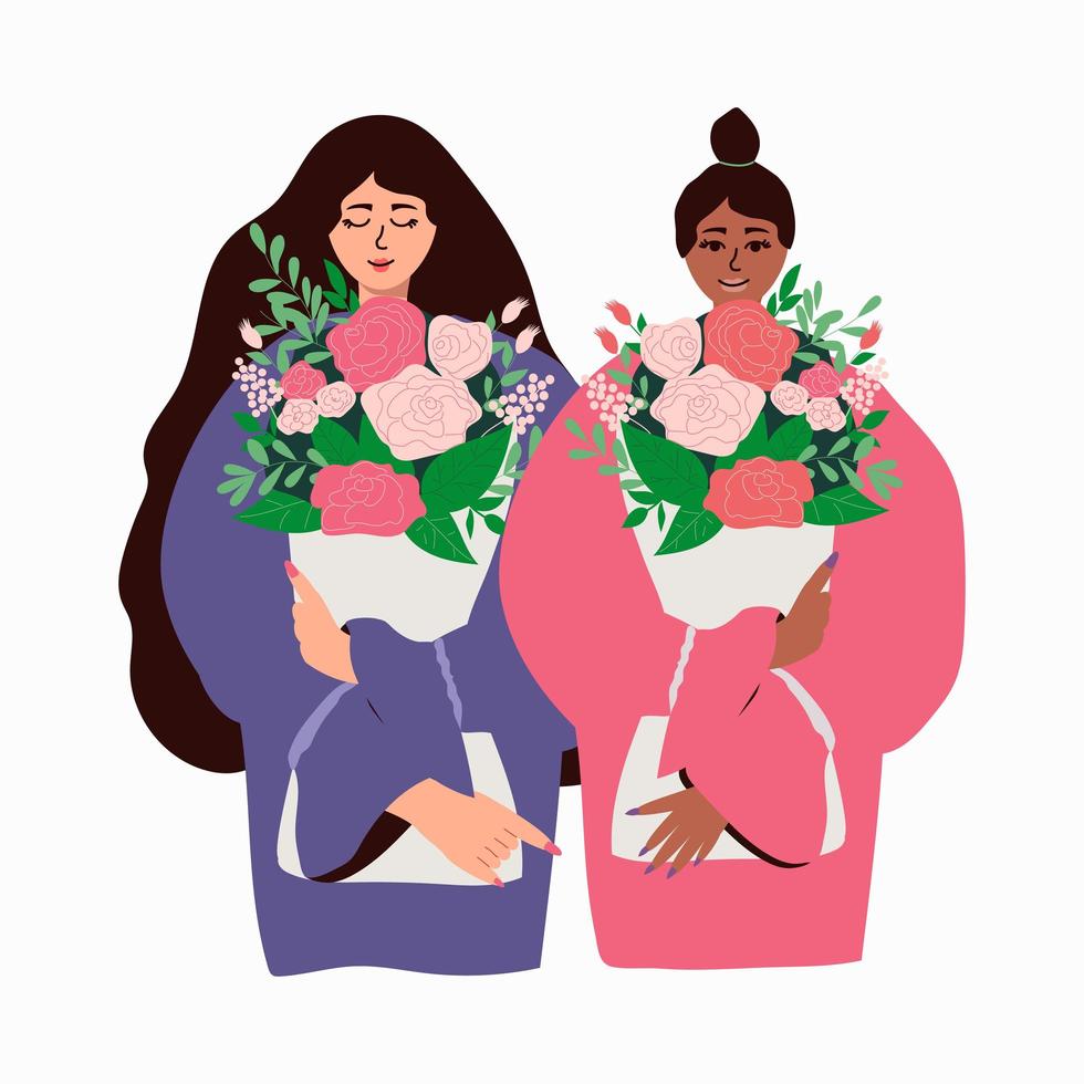 journée internationale de la femme. illustration vectorielle avec des femmes de différentes nationalités et cultures avec des bouquets de fleurs. illustration vectorielle vecteur