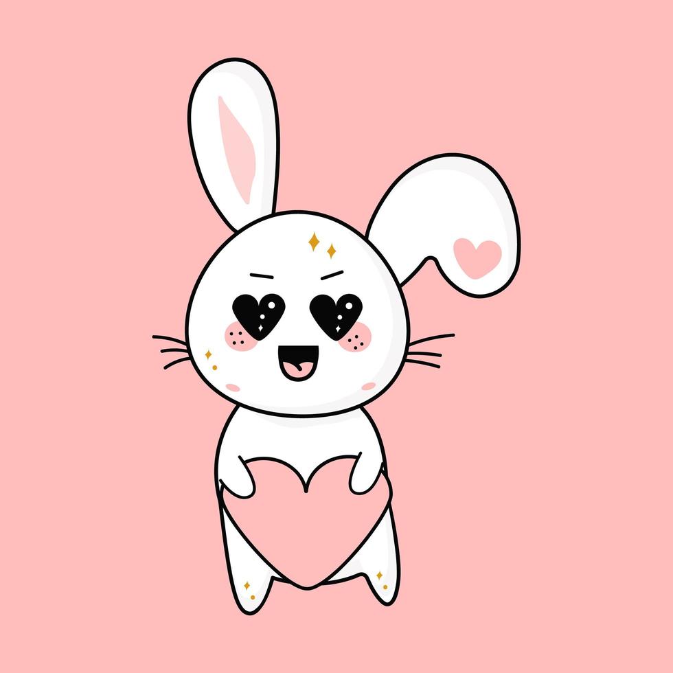 lapin kawaii mignon avec un coeur dans sa main, mascotte, personnage de vecteur de dessin animé mignon.