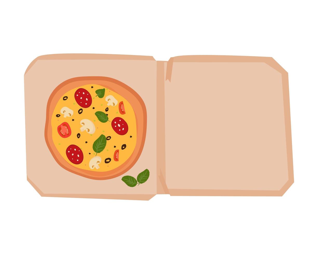 illustration vectorielle d'une pizza végétarienne dessinée à la main avec du fromage, des champignons, des tomates et du basilic dans une boîte sur fond blanc vecteur