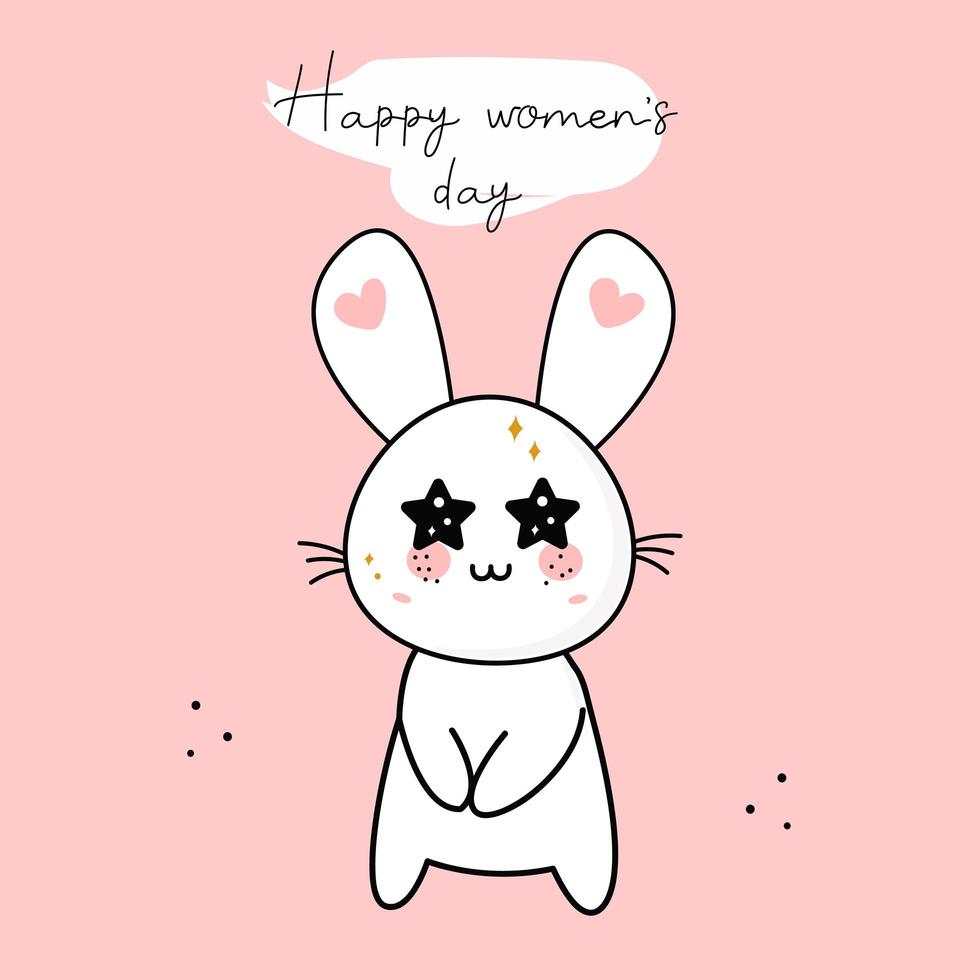 joyeuse journée de la femme. lapin de personnage kawaii de dessin animé mignon, carte d'anniversaire, salutation dans le texte. vecteur