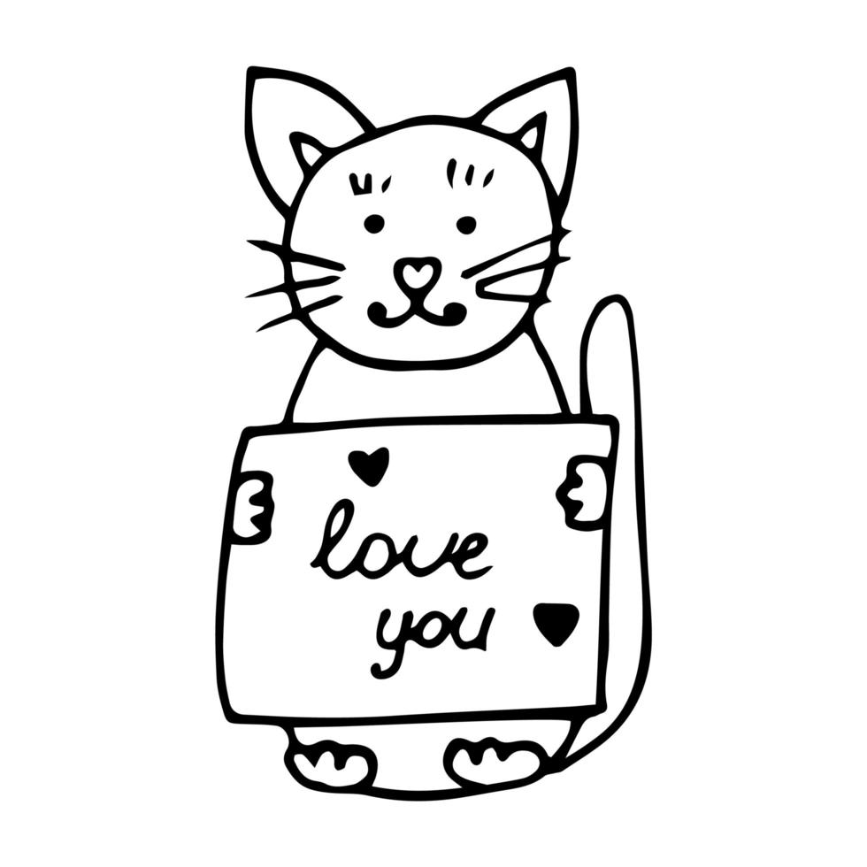 illustration vectorielle, chat dessiné à la main, affiche, avec l'inscription je t'aime imprimé animal dessiné à la main, chat noir, lettrage à la main, personnage de dessin animé, dessin sur fond blanc vecteur