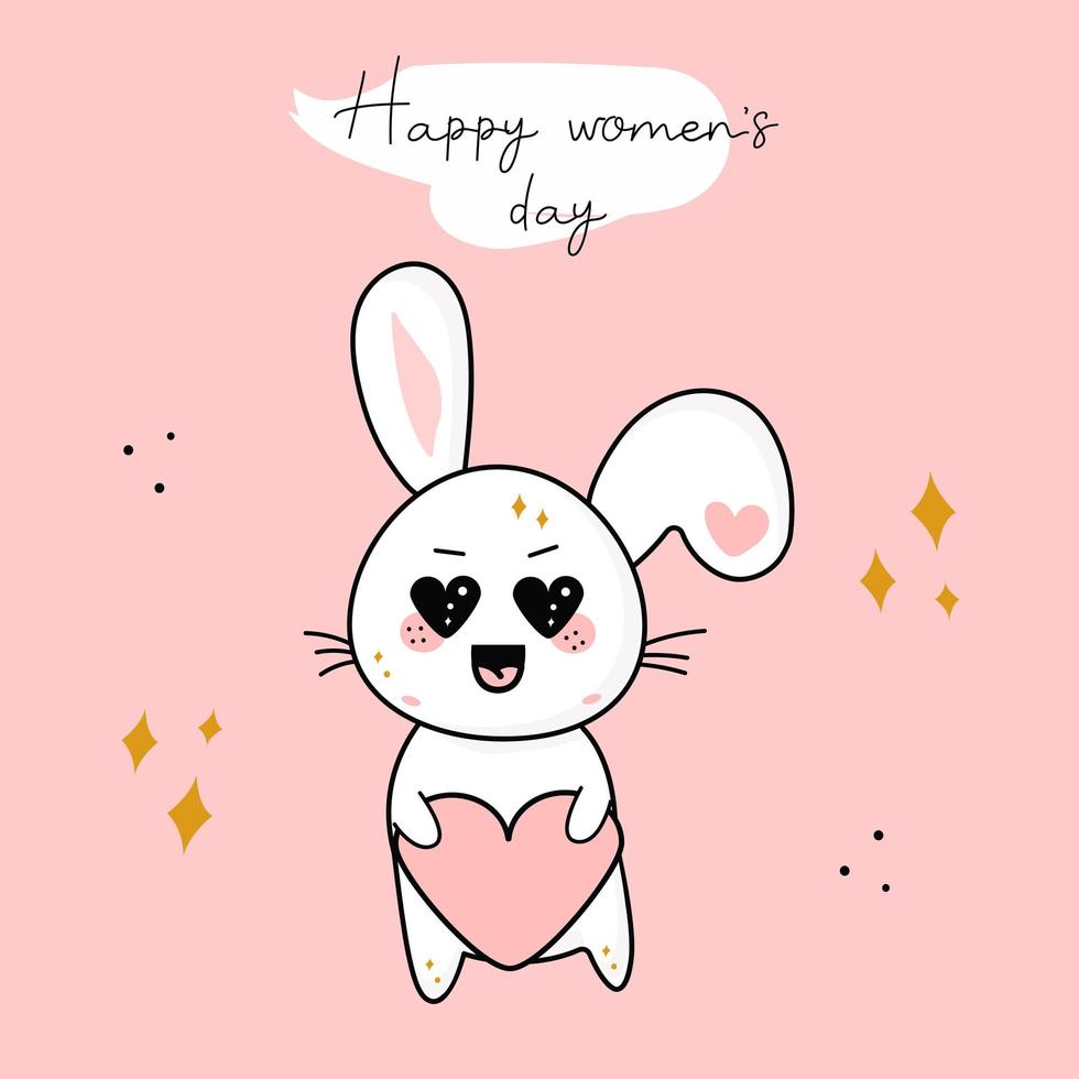 joyeuse journée de la femme. lapin de personnage kawaii de dessin animé mignon, carte d'anniversaire, salutation dans le texte vecteur