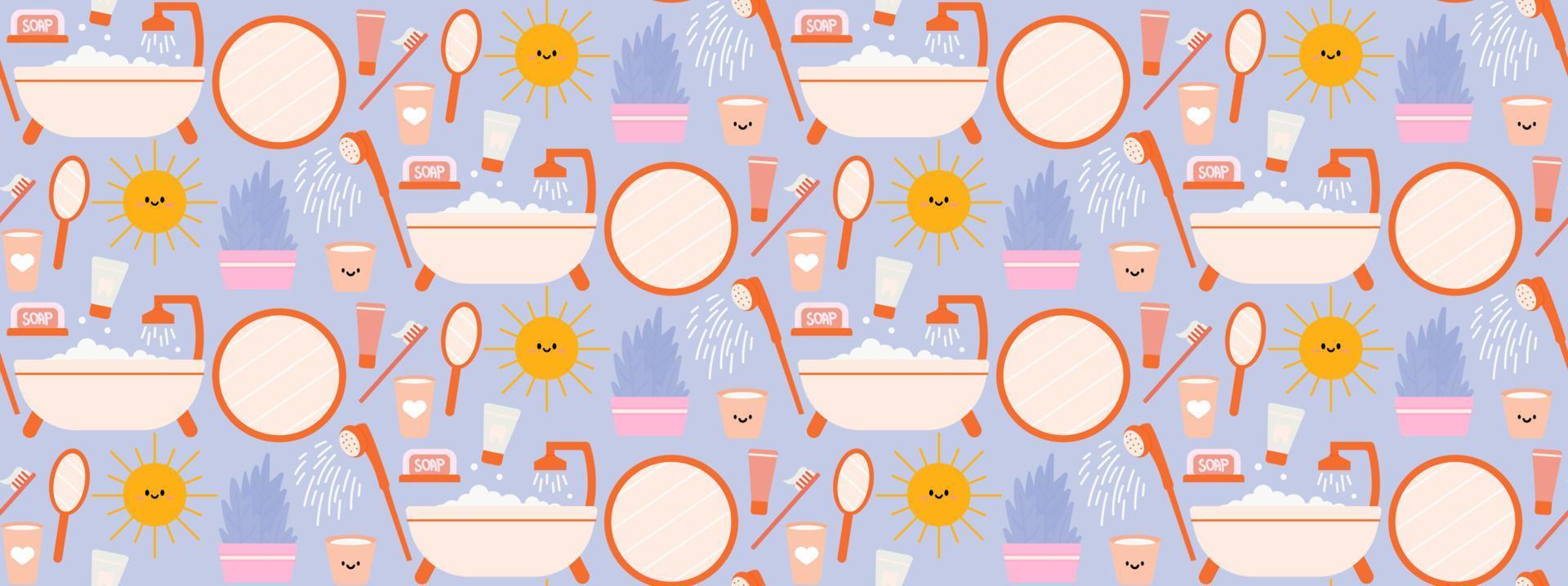 motif de salle de bain répétitif sans couture avec douche et articles de soins personnels. routine matin et soir. illustration vectorielle. vecteur