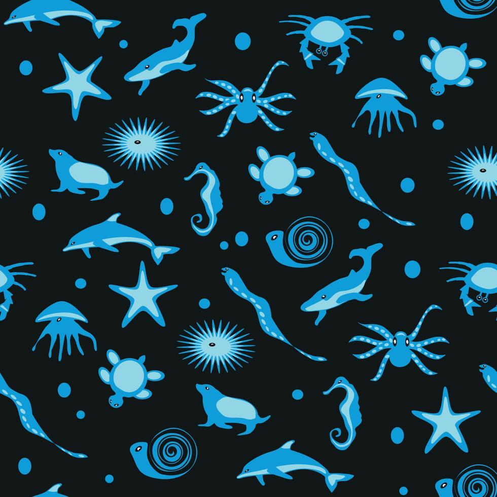 modèle sans couture d'animaux de mer bleu sur fond noir vecteur