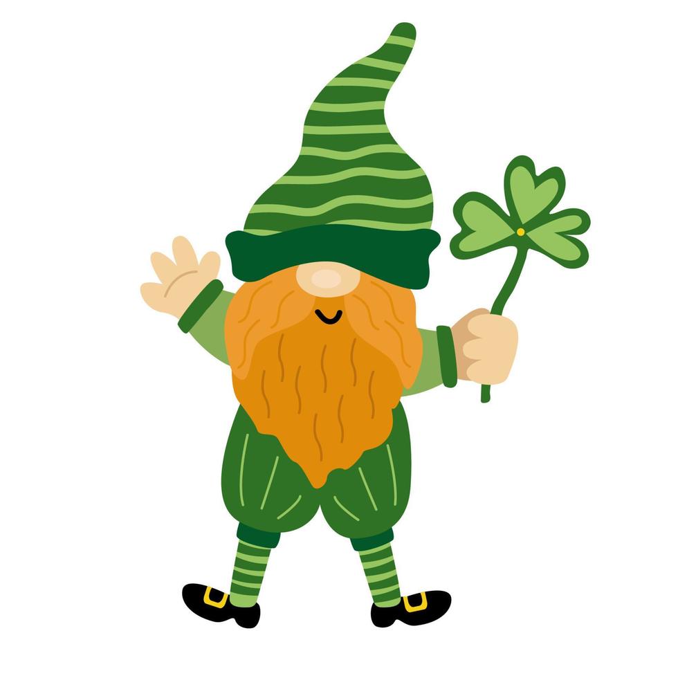 st. patrick's day gnome drôle avec trèfle. illustration de dessin animé isolée sur blanc. idéal pour les cartes de vœux, les invitations de pub, les affiches, la conception de t-shirts. personnage masculin. vecteur