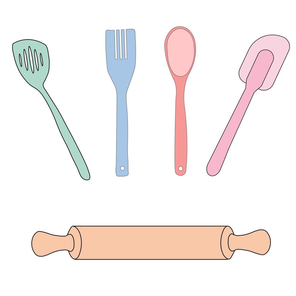 un ensemble d'illustrations vectorielles de lames de cuisson . une spatule, un rouleau à pâtisserie pour la pâte. fourchettes pour la friture. griffonnage. isolé sur fond blanc. vecteur