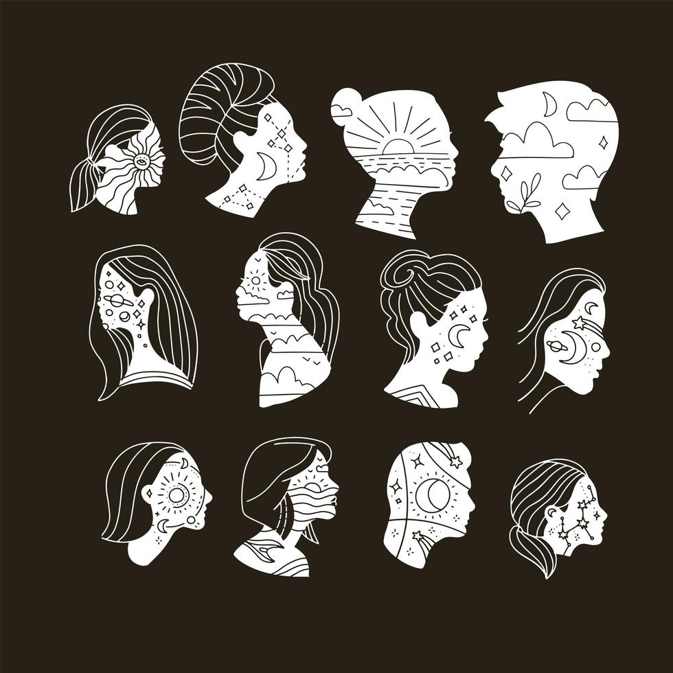 ensemble de diverses silhouettes de visages féminins et masculins dans un style minimaliste linéaire. portrait de femme abstraite avec motif galaxie, soleil, étoiles, lune. filles de la mode pour les médias sociaux. illustration vectorielle de ligne. vecteur