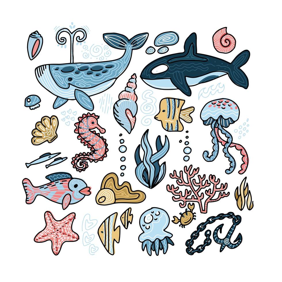 ensemble d'images vectorielles d'animaux marins - coquillages, poissons, baleines, hippocampes, thon, poissons papillons, orques, méduses, algues, ancre, corail, coquillage. contour illustration dessinée à la main avec des créatures sous-marines vecteur