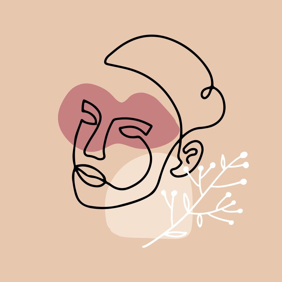 tête de femme avec dessin vectoriel de ligne de branche florale. décor abstrait de bannière avec visage féminin avec des formes abstraites. style vectoriel linéaire simple minimaliste moderne. conception de mode de beauté