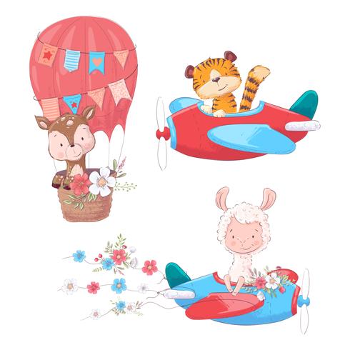 Définissez dessin animé animaux mignons tigre cerf et lama sur un clipart enfants avion et ballon. vecteur