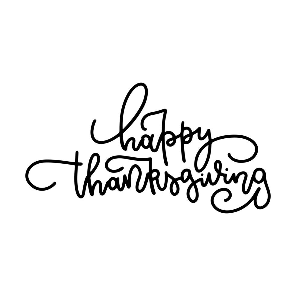 carte de voeux de typographie vectorielle - joyeux thanksgiving - dans un style linéaire avec des tourbillons. bannière de vacances de couleur noire isolée sur fond blanc. vecteur