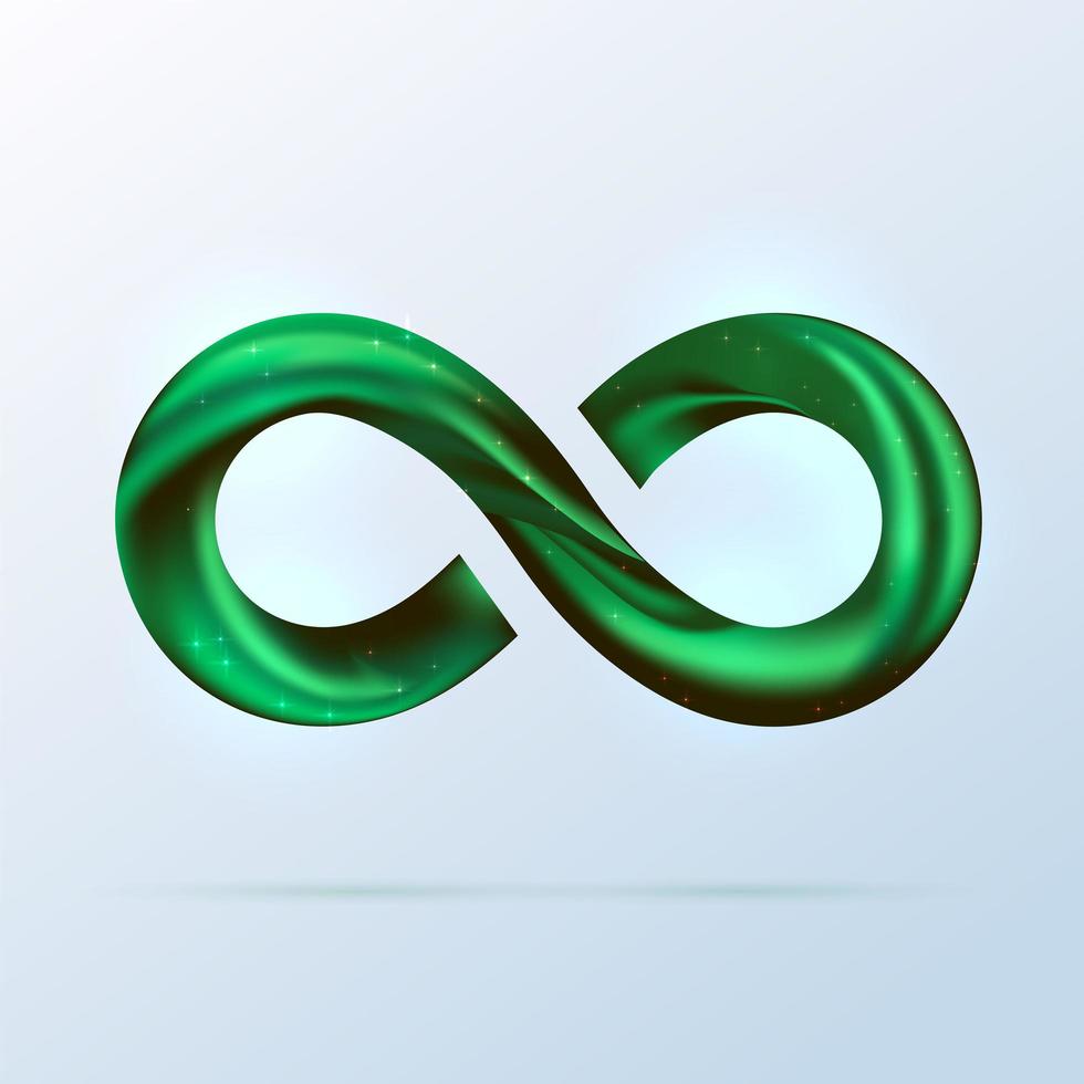 fond de symbole infini de ruban swoosh de fusion verte avec des nuances. illustration vectorielle de volume 3d sur fond clair. signe infini scintillant, logo pour la présentation. ligne ondulée en spirale néon menthe. vecteur