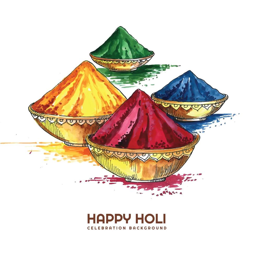 dessiner à la main un gulal coloré dans un bol en terre pour un fond de carte happy holi vecteur