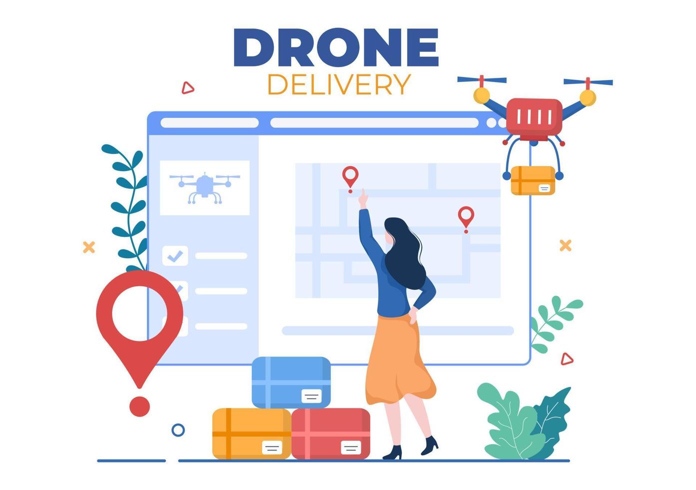 le service de livraison utilise l'illustration vectorielle de fond de drone. employé distribuant des boîtes à l'aide d'un dispositif de technologie moderne pour l'expédition de colis vecteur