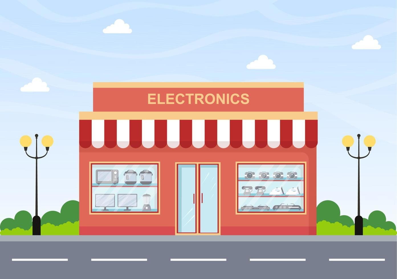 bâtiment de magasin d'électronique qui vend des ordinateurs, des téléviseurs, des téléphones portables et achète des appareils électroménagers sur fond plat illustration pour affiche ou bannière vecteur