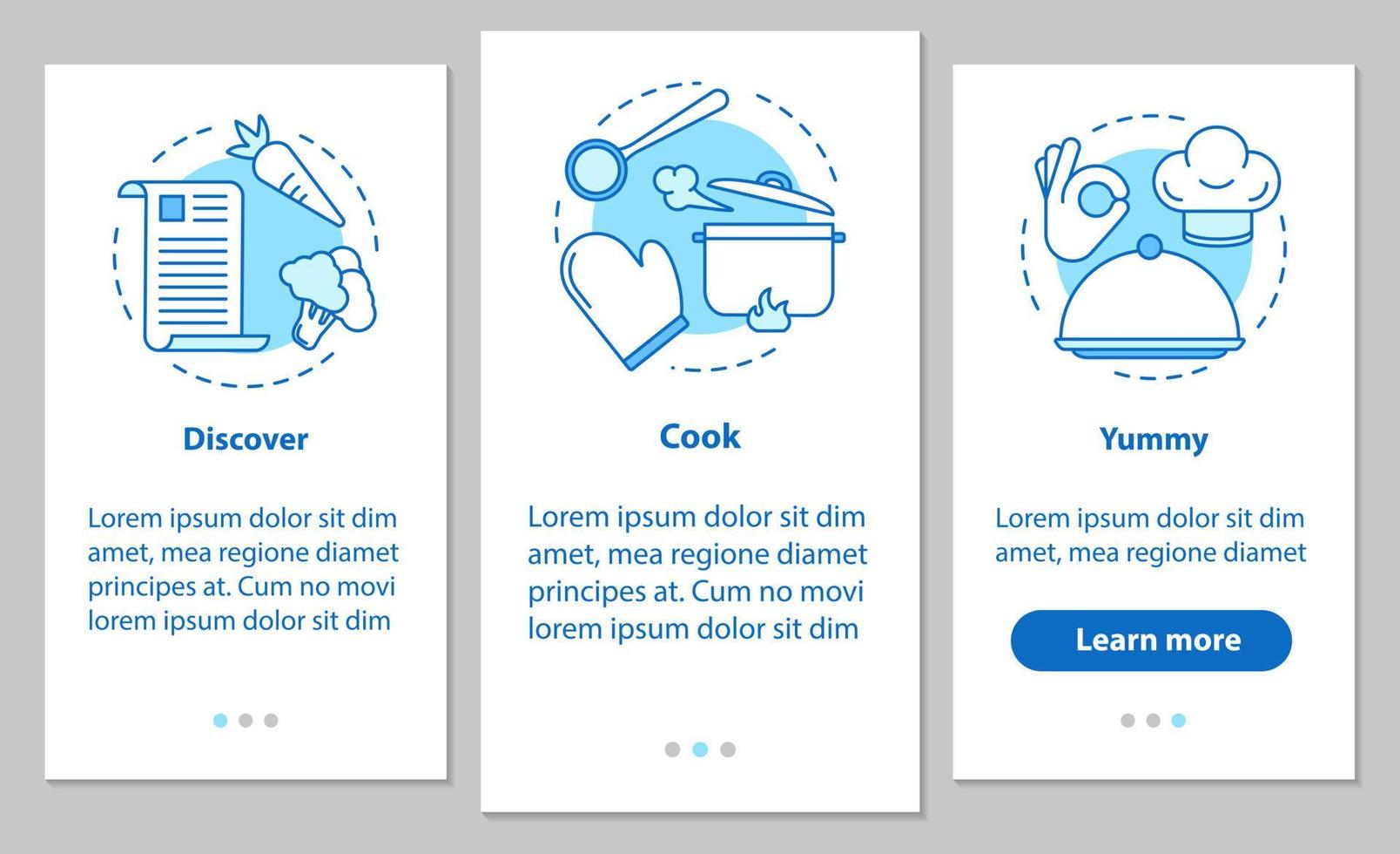 écran de page d'application mobile d'intégration de nourriture de cuisson avec des concepts linéaires. découvrez les recettes, la préparation des repas, les instructions graphiques des étapes délicieuses. ux, ui, modèle vectoriel gui avec illustrations