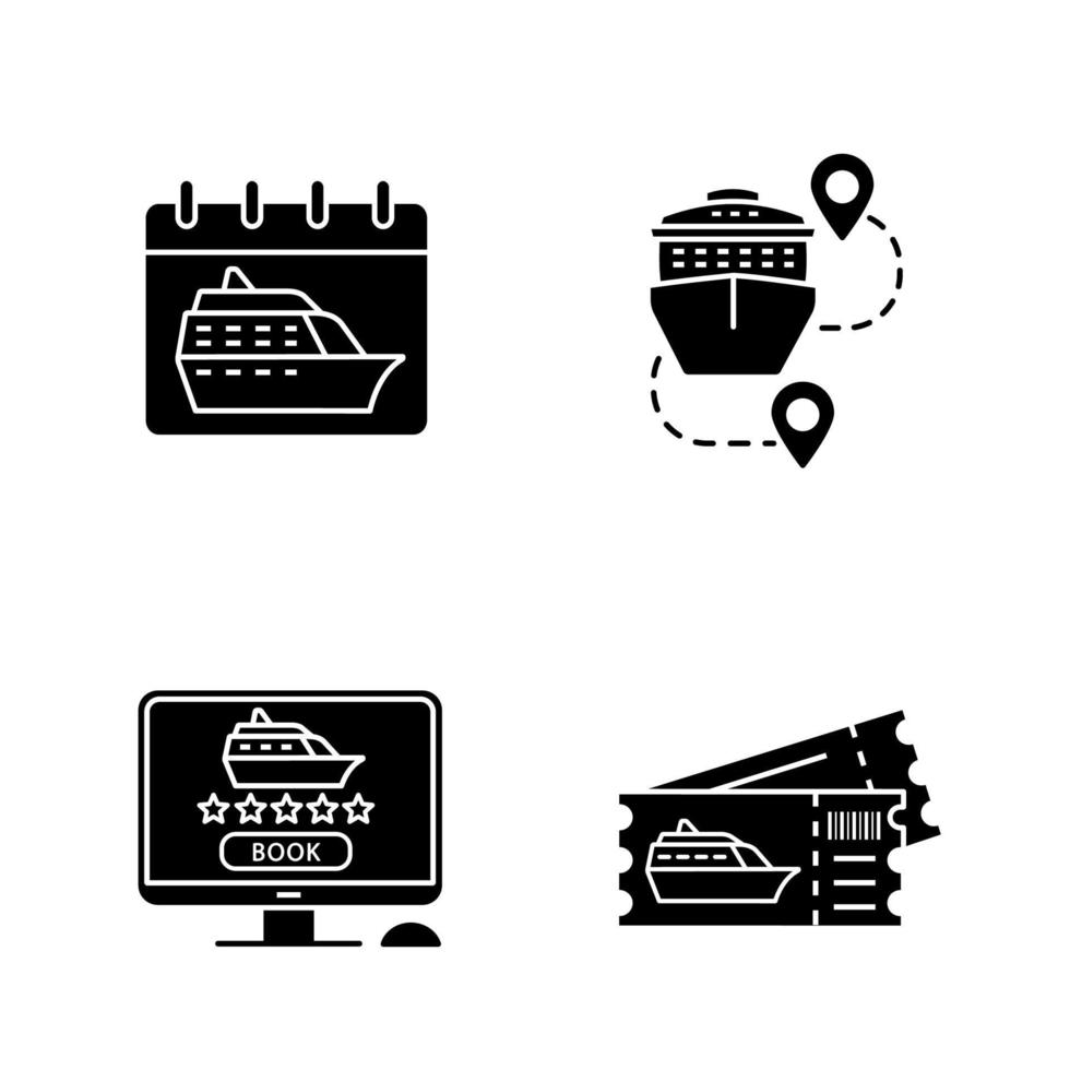 ensemble d'icônes de glyphe de croisière. voyage d'été. agence de voyage. date de départ de la croisière, itinéraires de voyage, réservation en ligne, billets d'excursion à terre. symboles de silhouettes. illustration vectorielle isolée vecteur