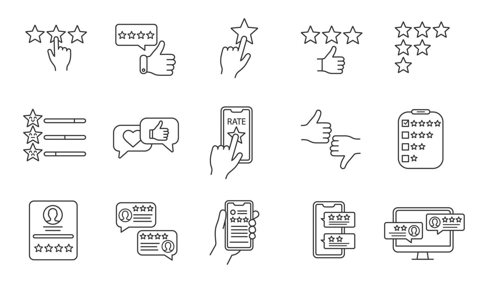 ensemble d'icônes linéaires de notation. commentaires et avis des clients. classement. satisfaction des services. aime et n'aime pas. critiques positives, négatives. illustrations vectorielles isolées. trait modifiable vecteur