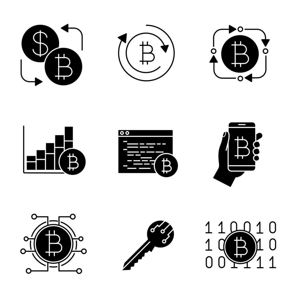 jeu d'icônes de glyphe de crypto-monnaie bitcoin. échange de bitcoins, fintech, tableau de croissance du marché, logiciel de minage, portefeuille numérique, clé, code binaire. symboles de silhouettes. illustration vectorielle isolée vecteur