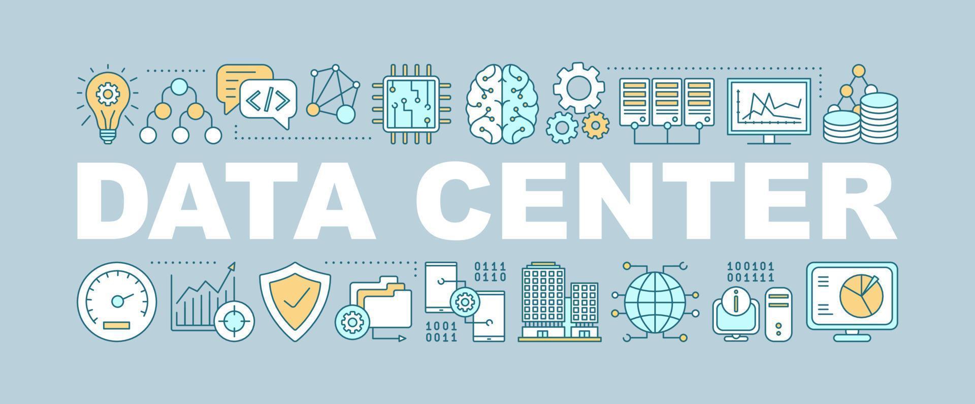 bannière de concepts de mot de centre de données. Big Data. base de données. idée de typographie de lettrage isolé avec des icônes linéaires. c'est la technologie. apprentissage automatique. illustration de contour de vecteur