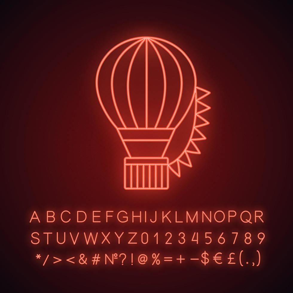 icône de lumière néon du festival de ballon à air chaud. aérostat. signe lumineux avec alphabet, chiffres et symboles. illustration vectorielle isolée vecteur