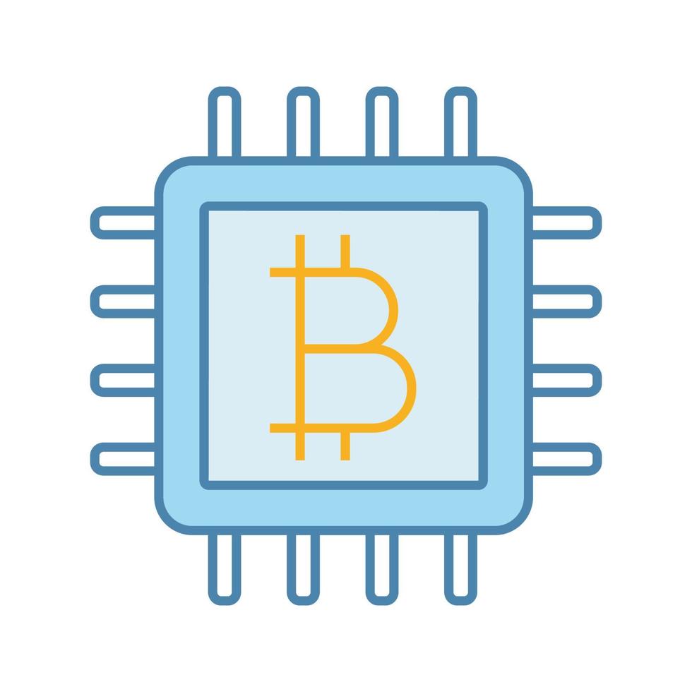 icône de couleur d'extraction de processeur. matériel d'extraction de crypto-monnaie. signe bitcoin à l'intérieur de la micropuce. argent numérique. illustration vectorielle isolée vecteur