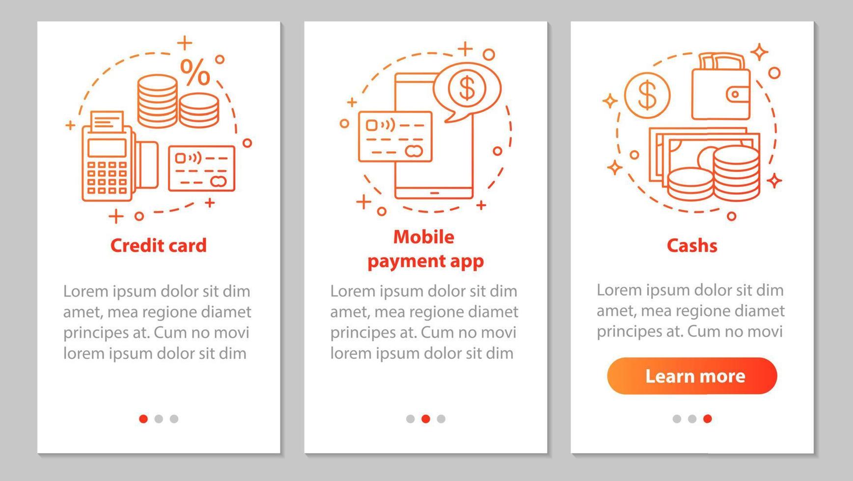 écran de page d'application mobile d'intégration bancaire avec des concepts linéaires. services financiers. carte de crédit, espèces, application de paiement mobile étapes instructions graphiques. ux, ui, modèle vectoriel gui avec illustrations