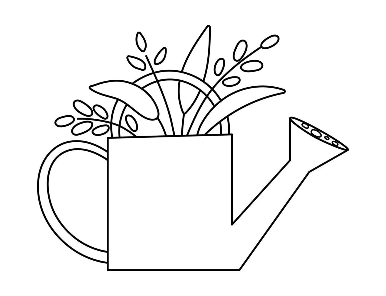 vecteur mignon arrosoir noir et blanc avec icône de plantes isolé sur fond blanc. contour de l'illustration de l'outil de jardin de printemps. image drôle d'équipement de jardinage ou page de coloriage pour les enfants.