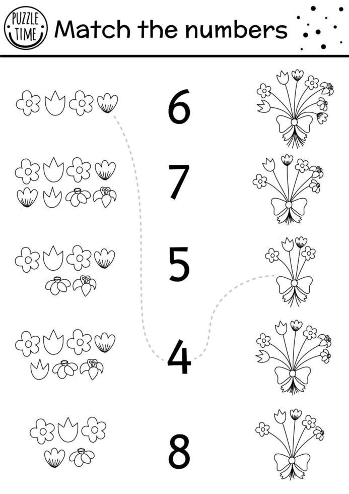 jeu d'association noir et blanc de pâques avec bouquet de fleurs printanières. activité mathématique de vacances pour les enfants d'âge préscolaire avec des plantes. feuille de calcul éducative imprimable pour les enfants vecteur