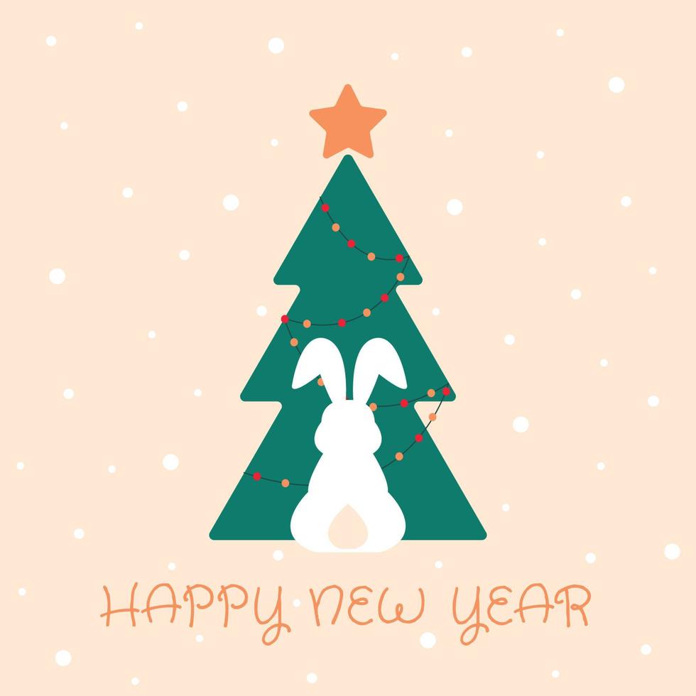 carte de voeux de bonne année, affiche, avec la silhouette mignonne et douce de lapin sur le fond d'arbre de Noël vecteur