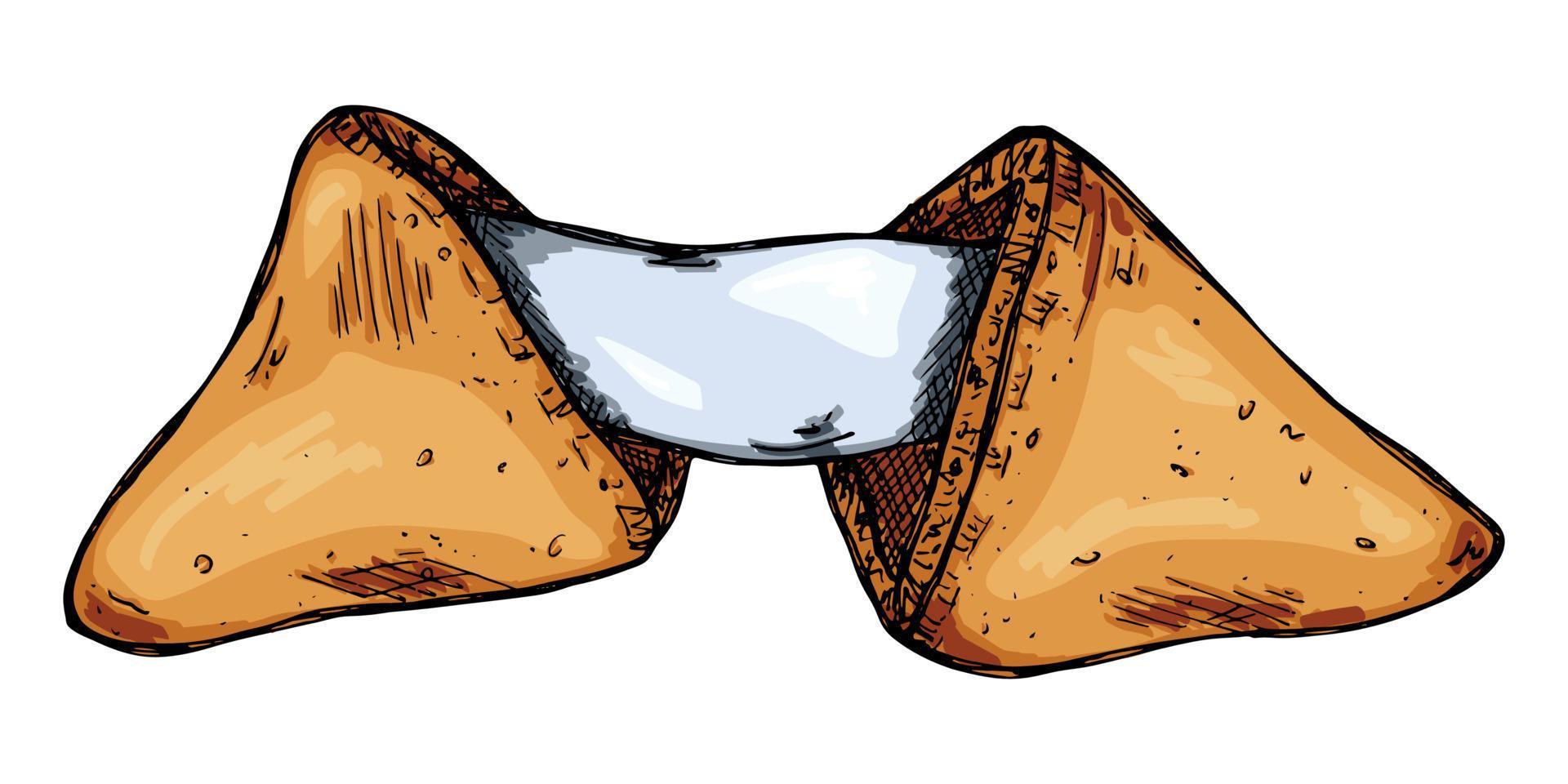 biscuits de fortune chinois dessinés à la main de vecteur isolés sur fond blanc. illustration de la nourriture. biscuit croustillant avec une feuille de papier vierge à l'intérieur.