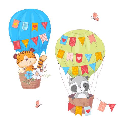 Ensemble d&#39;animaux mignons dessin animé Lion et le raton laveur dans un ballon avec des fleurs et des drapeaux pour l&#39;illustration des enfants. Vecteur