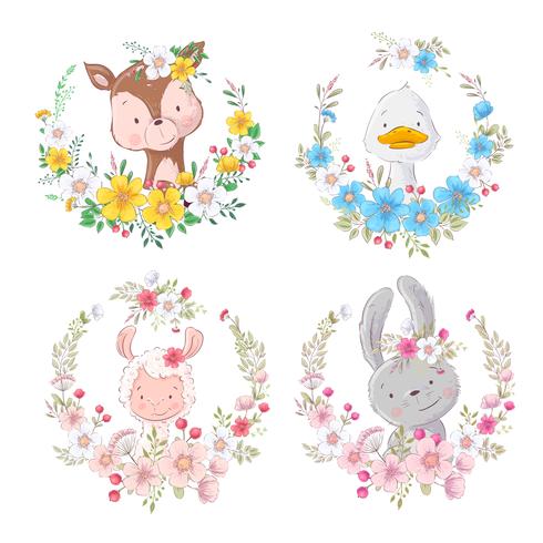 Set de dessins animés animaux mignons cerf de canard lama lièvre en guirlande de fleurs pour illustration enfants. Vecteur