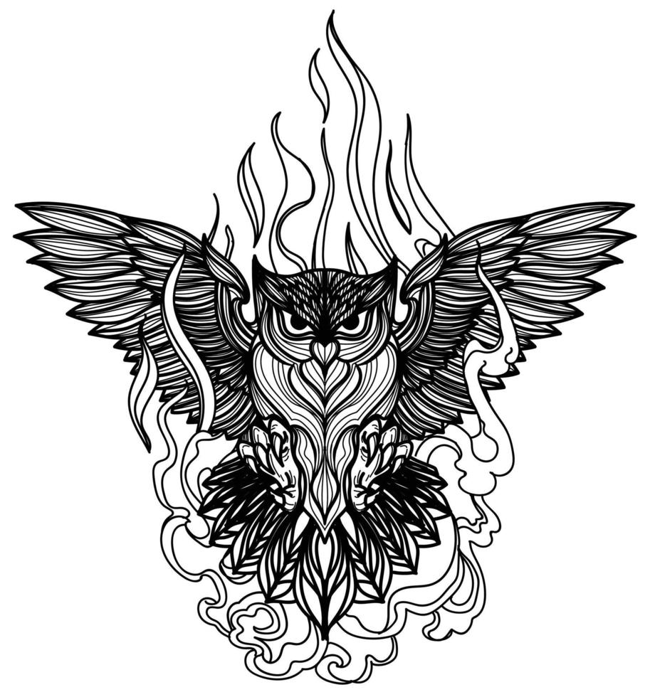 tatouage art hibou voler main dessin croquis noir et blanc vecteur