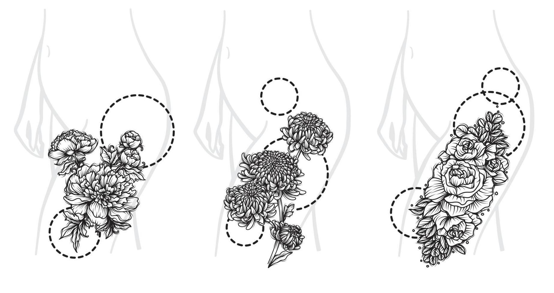 ensemble d'art de fleurs grande taille pour croquis de dessin à la main de tatouage noir et blanc vecteur