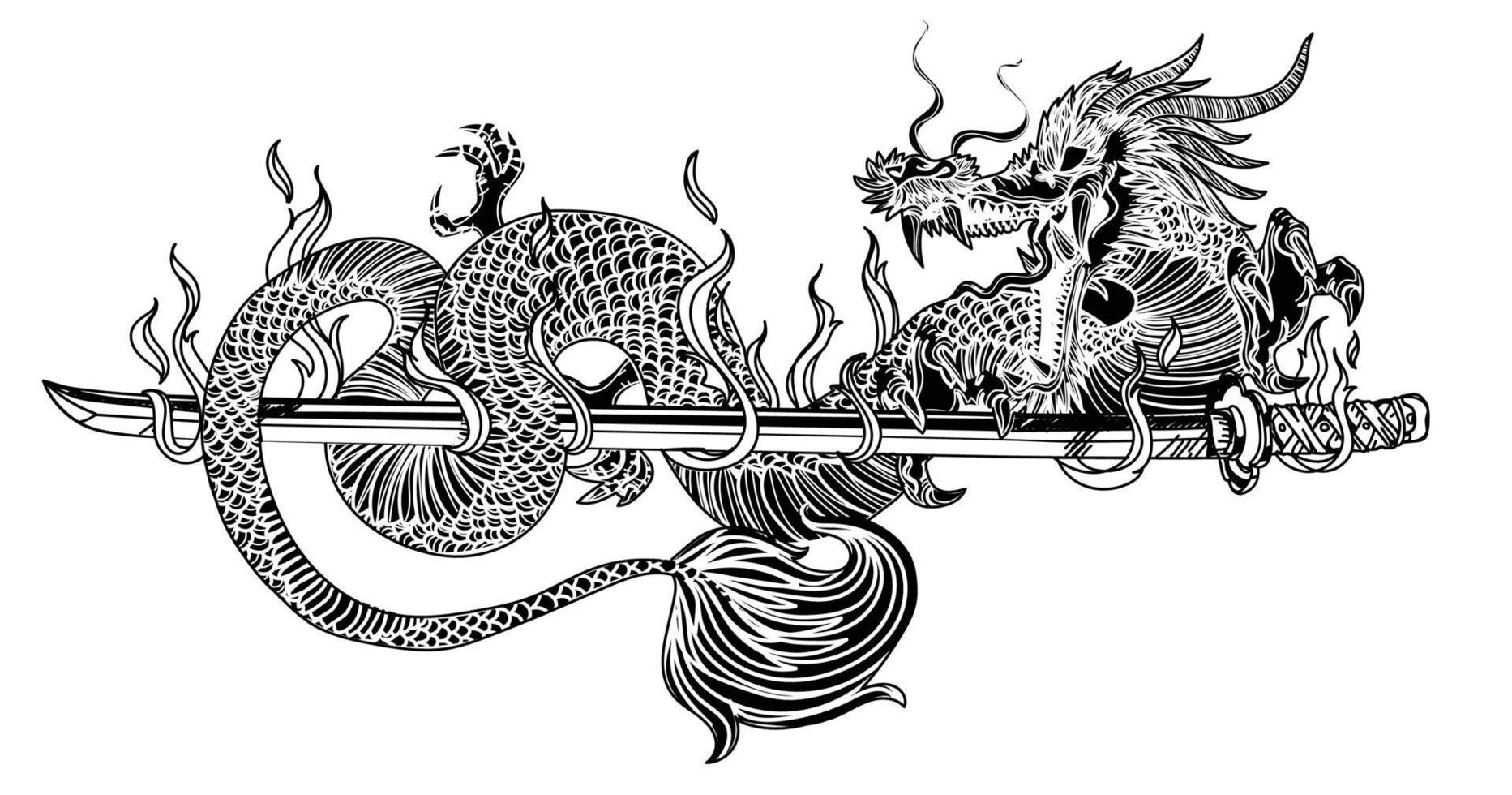 art de tatouage dargon et épée japonaise dessin à la main croquis noir et blanc vecteur