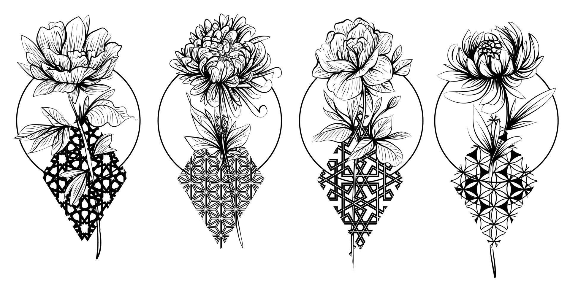 tatouage fleurs ensemble main croquis dessin noir et blanc vecteur