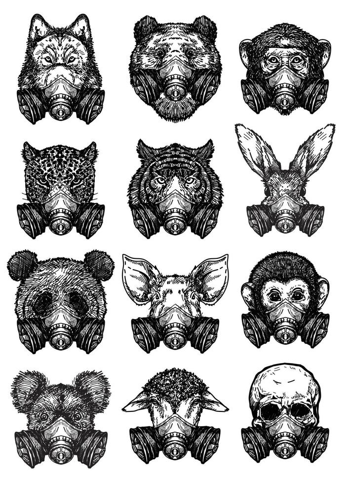 tatouage art animal portant un masque de protection dessin et croquis noir et blanc vecteur