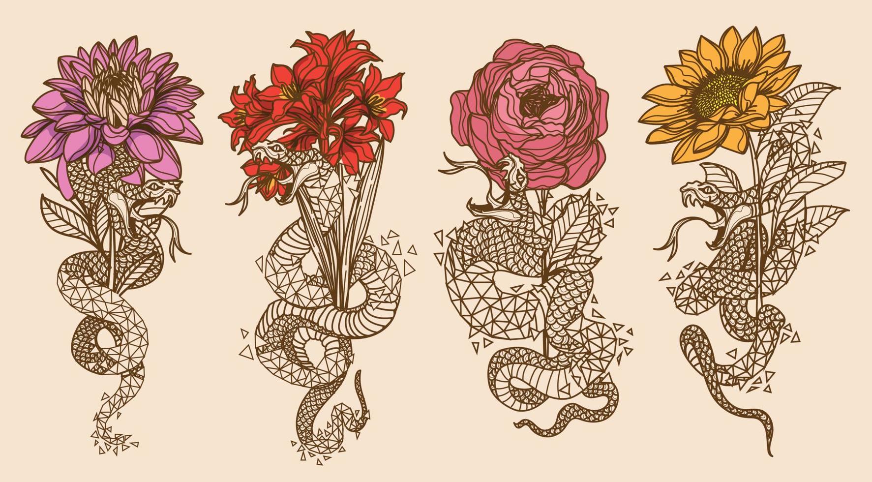 tatouage art serpent et fleur dessin et croquis couleur vintage vecteur