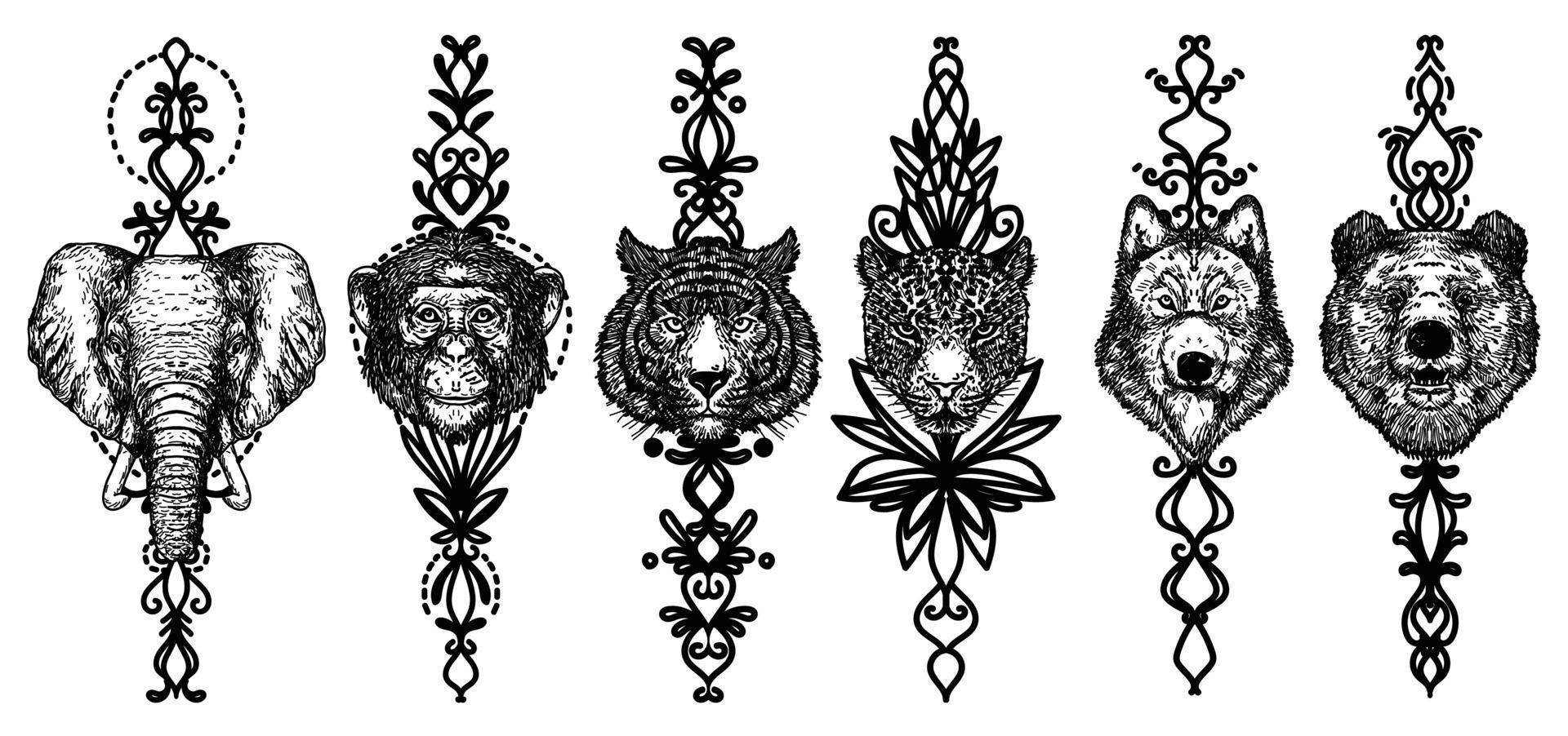 tatouage art loup singe tigre et éléphant dessin à la main et croquis noir et blanc vecteur