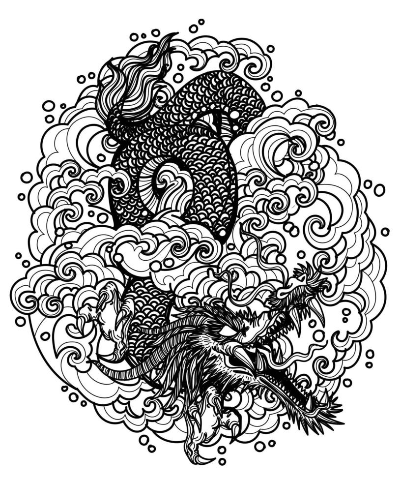 tatouage art dargon dans les marées dessin à la main croquis noir et blanc vecteur