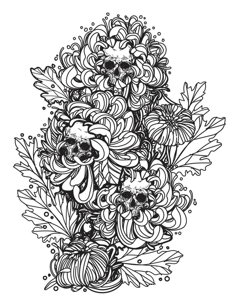 tatouage art crâne et fleur main dessin et croquis noir et blanc vecteur