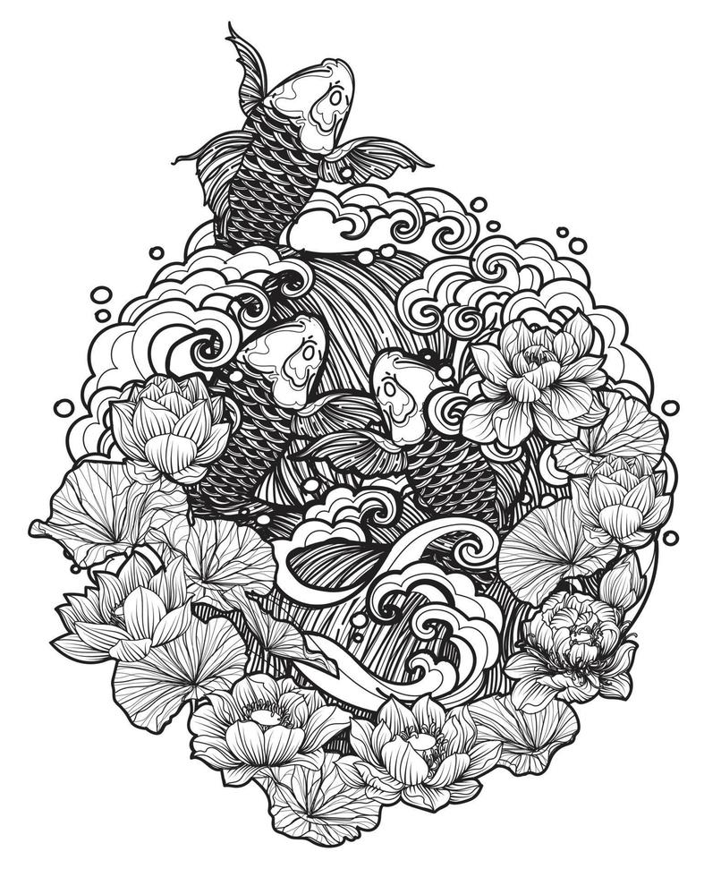 tatouage art japon conception de poissons dessin à la main et croquis noir et blanc vecteur