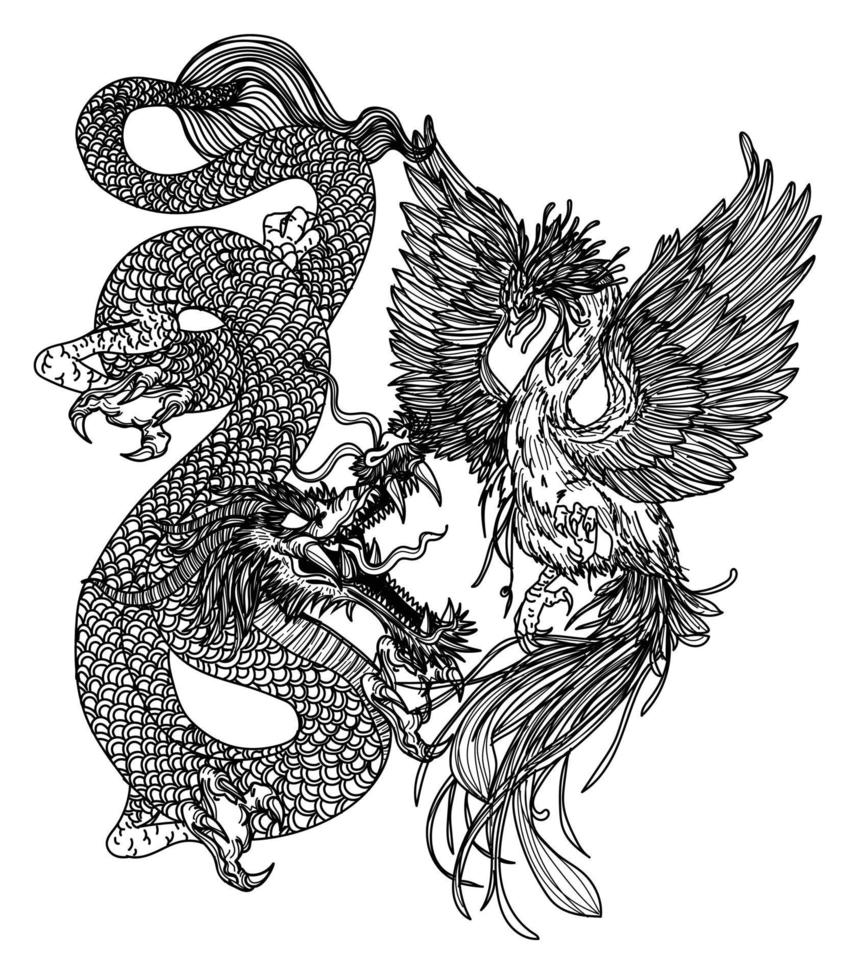 art de tatouage dargon et cygne chine dessin à la main croquis noir et blanc vecteur