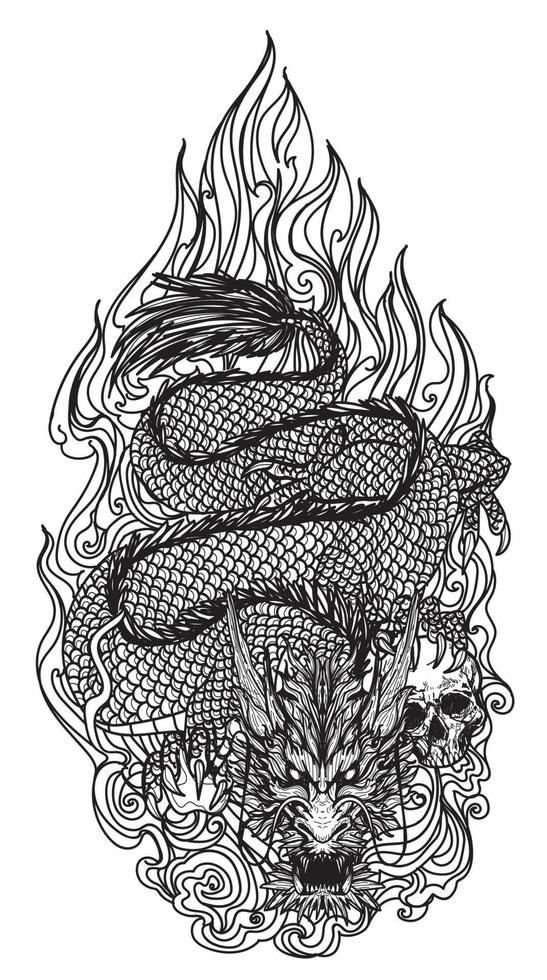 tatouage art dragon chine main dessin et croquis noir et blanc vecteur