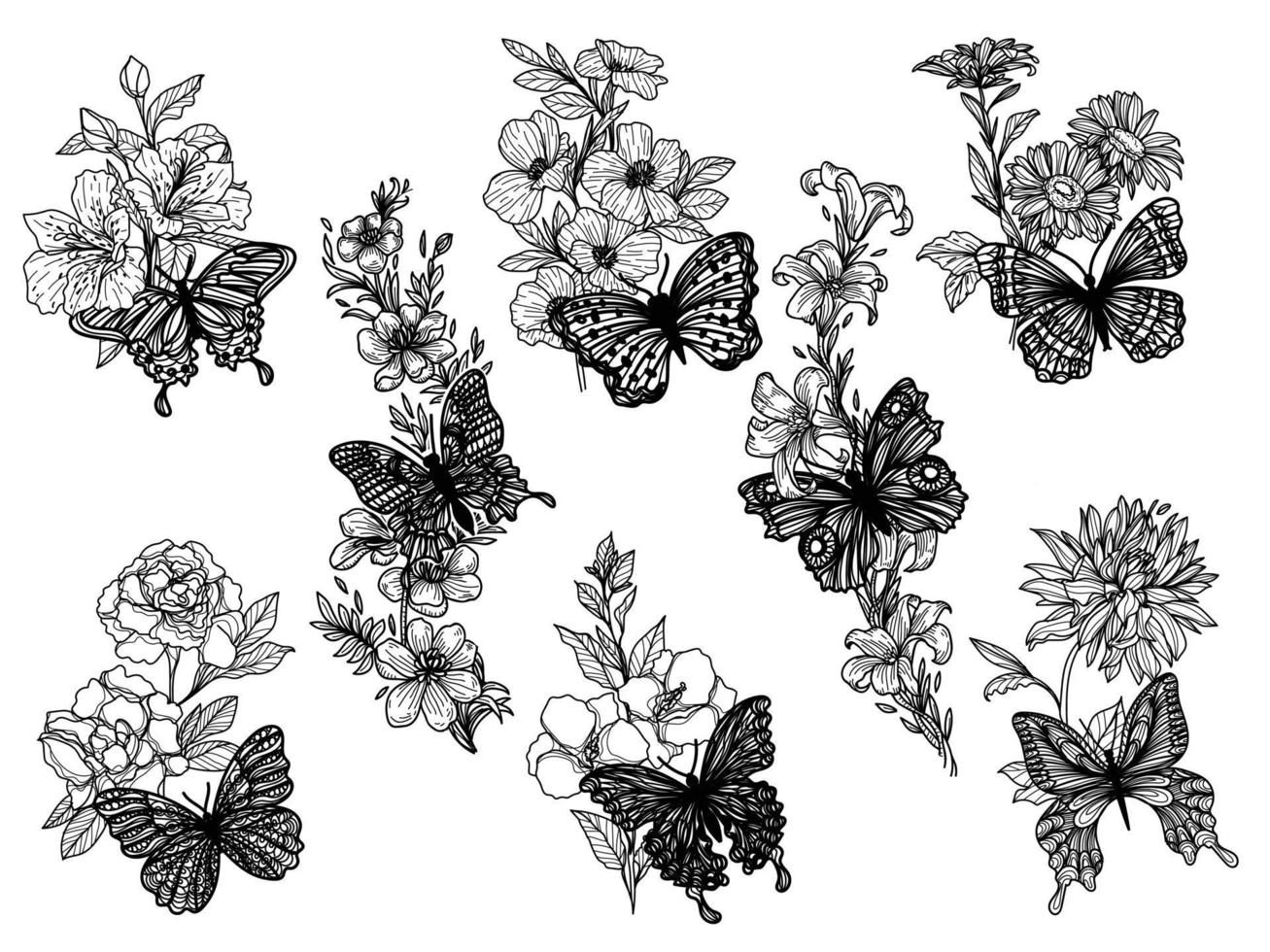 ensemble d'art de tatouage papillon et fleur croquis noir et blanc vecteur