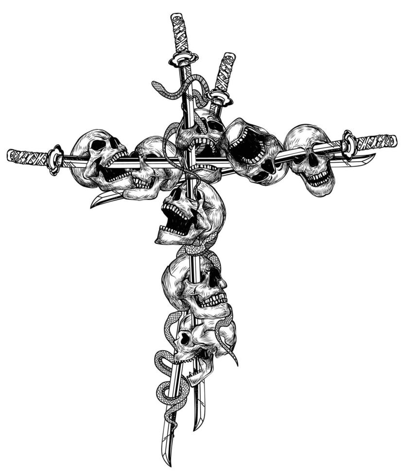 tatouage art crâne et épée croix noire vecteur