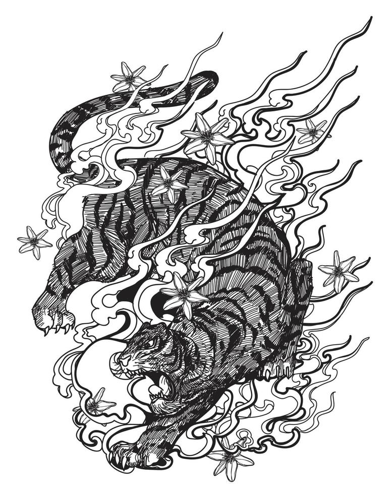 tatouage art tigre main dessin et croquis noir et blanc vecteur